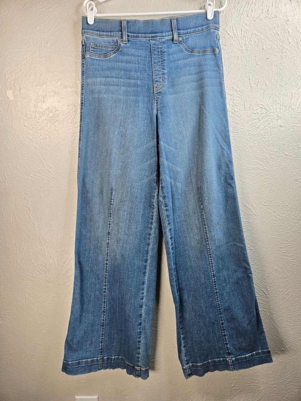 Spanx Wide Leg Pull On Shaping Blue Jeans L High Rise Relaxed Fit Slimming Denim - Picture 2 of 9
